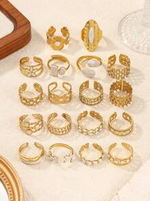 Juego de 4/6/12/16 anillos de acero inoxidable chapados en oro de 18K con patrones mixtos, de alta calidad con resina blanca incrustada, formas surtidas ajustables, adecuados para decoración diaria o regalo de mujer - Amarillo Oro - Ver 5