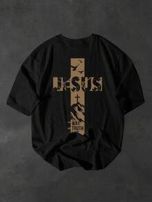 T-Shirt With Jesus Cross Print - Faith Theme - 100% Cotton With Latin Prayer Text And Medal Print, With Benedictine Elements - Catholic Religious Gift, - Available In Sizes S-2XL, 's Day Gift, Suitable For Casual Daily Wear And Outdoor Activities. - 黑色 - 查看 4