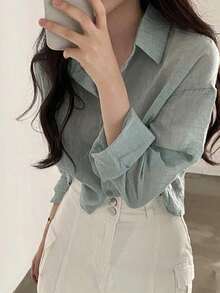 Women's Wrinkled Long Sleeve Blouses Loose Shirt With Sun Protection - 灰色 - 查看 4