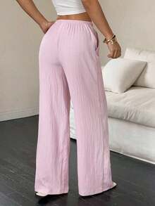 Women's Wide-Leg Pants With Diagonal Pocket, Tie Waist, And Solid-Color Textured Fabric - 粉色 - 查看 2