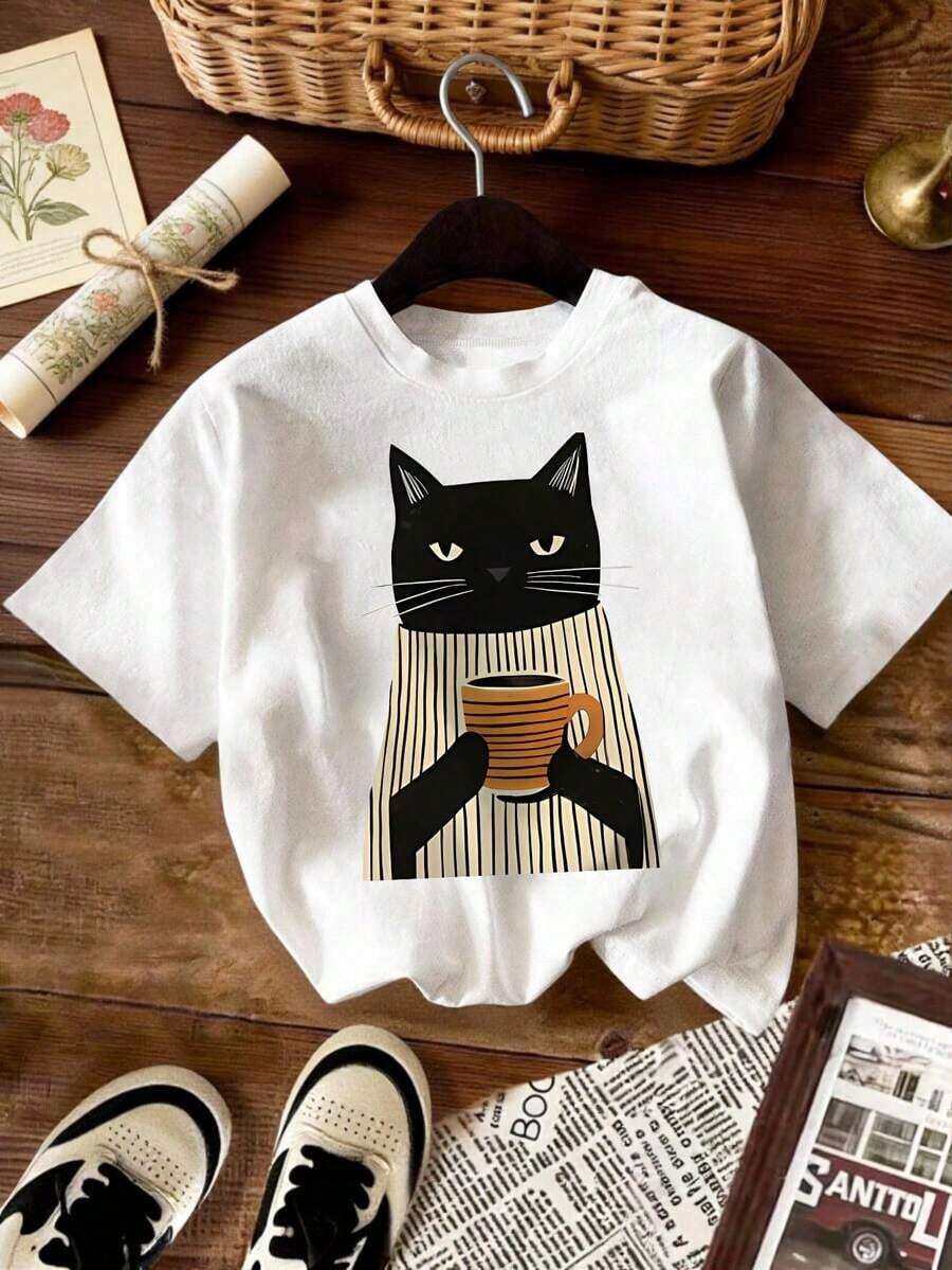 Short-Sleeved Crew Neck T-Shirt With Cartoon Cat Print, Stretchy And Comfortable Fabric, Plus Size Women's, White Summer - Vintage Street Style Unisex Cotton Short Sleeve Crew Neck T-Shirt - 白色的 - 查看 1