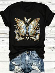 Women's Black Short-Sleeved T-Shirt With Butterfly Print, Featuring A Round Neck, Soft And Micro-Elastic Casual Design, Cool And Breathable, Attractive Retro Bohemian Style, Suitable For Daily Comfort And Relaxation. - 黑色 - 查看 1