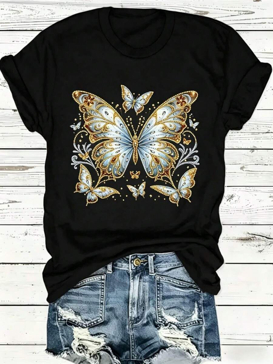 Women's Black Short-Sleeved T-Shirt With Butterfly Print, Featuring A Round Neck, Soft And Micro-Elastic Casual Design, Cool And Breathable, Attractive Retro Bohemian Style, Suitable For Daily Comfort And Relaxation. - 黑色 - 查看 1