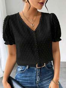 Blusa de gasa con estampado de lunares francés de moda para mujer, diseño elegante y elegante de manga corta con volantes para el verano - Negro - Ver 1
