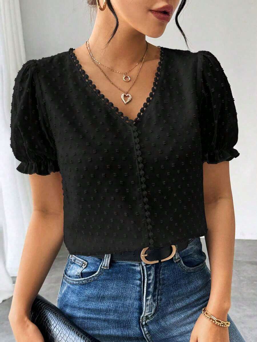 Blusa de gasa con estampado de lunares francés de moda para mujer, diseño elegante y elegante de manga corta con volantes para el verano - Negro - Ver 1