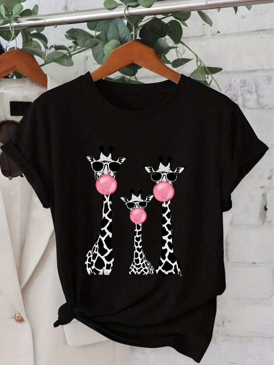 Fashionable Casual T-Shirt With Giraffe Bubble Print, Round Neck, Vintage Style, Short Sleeve, For Women, Sizes S-XXL, Spring, Summer, Autumn - Black 1 - View 1