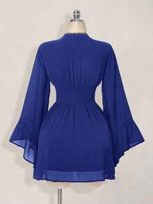 Navy Blue Solid Color Dress – Mini, Long Lantern Sleeve, Gathered Waist With Flared Skirt, Western Style For Spring And Summer - Blue - View 2