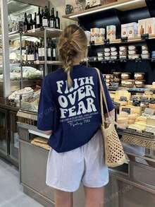 "Faith Over Fear" Double Print T-Shirt - Short-Sleeve Crew Neck Pure Cotton T-Shirt,  Holiday Style, A Daily Essential. Holiday Outfits, Simple Retro Street Style Top. Everyday Campus Wear For Men And Women - Comfortable Loose Fit Cotton Vintage Street Style T-Shirt - 海軍藍 - 查看 8