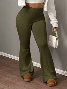 Pantalones de Yoga Ajustados y Elásticos de Cintura Alta para Mujer, Pantalones Deportivos Acampanados para Mujer - Verde militar - Ver 5