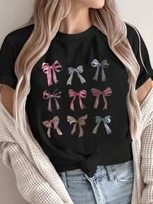 Women's Fashion: Short Sleeve T-Shirt With Letter Print - 黑色 - 查看 1