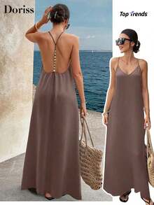 Vestido largo elegante de mujer con tirantes finos, espalda descubierta y lentejuelas, adecuado para fiestas, bodas, playa y vacaciones, color negro, para verano - Cafetería - Ver 1