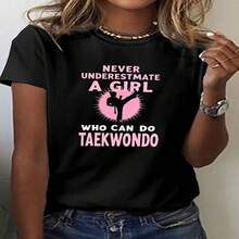1 Piece, Classic And Versatile Pure Cotton Short-Sleeved T-Shirt, Ideal For Wearing In Any Season, With A Feminine Taekwondo Design And Modern Style - Black - View 2