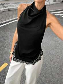 halter de seda negra con delicado ribete de encaje, diseño de escote en V, elegante top de tirantes para damas, sexy y elegante para uso diario - Negro - Ver 5