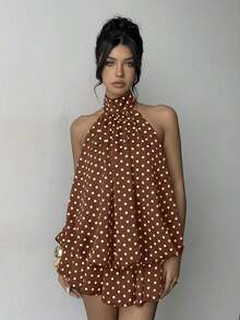 Vestido mini elegante de mujer con estampado de lunares y escote halter sin espalda - Marrón - Ver 6