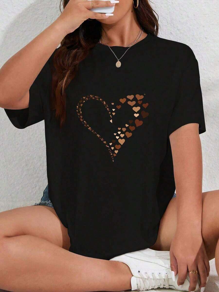 VintageCamiseta de manga corta para mujer con estampado Summer Love Monogrammed Casual Talla GrandeGraphic Tee - Negro 1 - Ver 1
