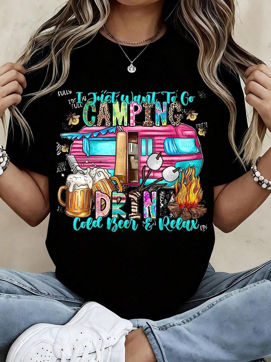 1 Piece Women's Crew Neck T-Shirt With Camping, Beer And Campfire Print, Short Sleeve, Casual, For Outdoor Adventures, Summer, 180g 100% Cotton - 黑色 - 查看 1