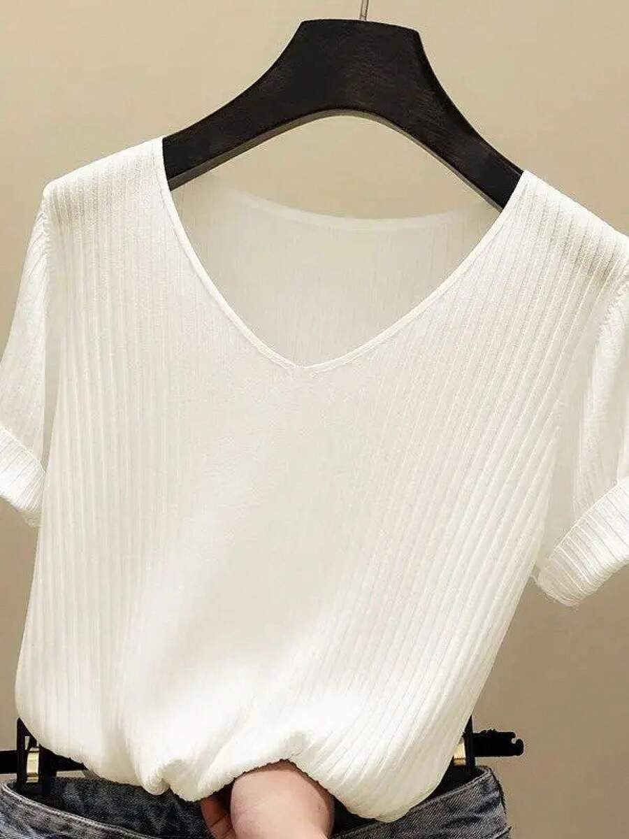 AOSSVIAO 2026 Suéter Básico de Verano para Mujer, Cuello en V, Sólido, Fino, Tejido Acanalado, Manga Corta, Ajustado - BLANCO - Ver 1