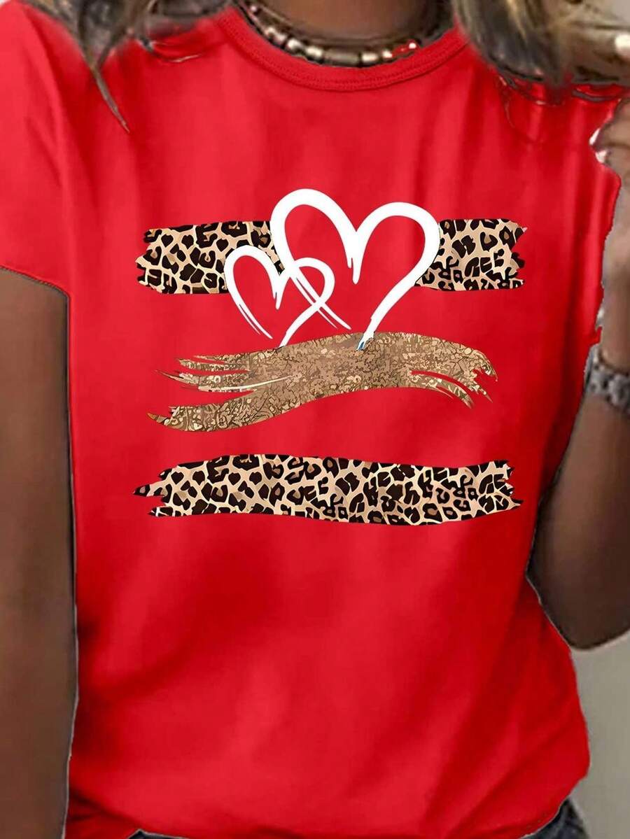 Cartoon Heart Print T-Shirt For Mother's Day, Casual Short Sleeve Round Neck Top For Summer And Spring, Women's Clothing - Red - View 1