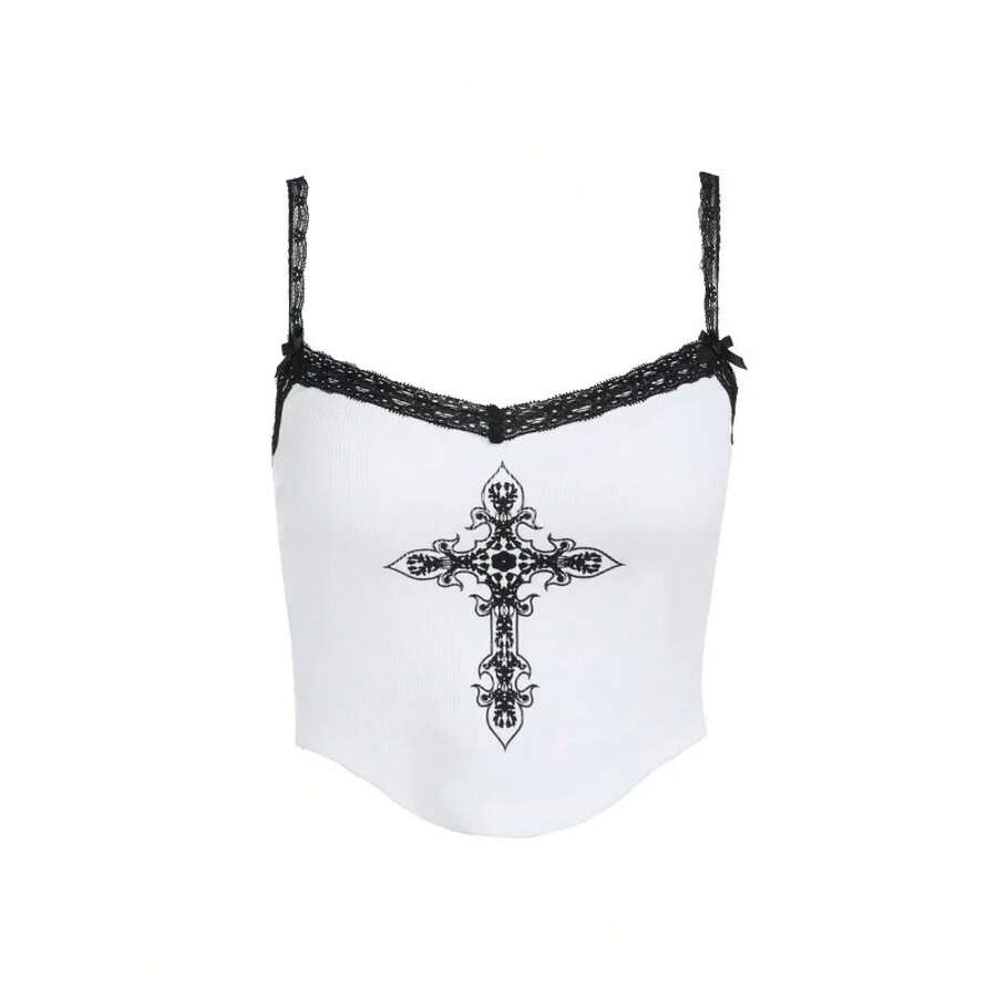 2025 nueva camiseta sin mangas ajustada sexy Y2K de verano para mujer, top de encaje estampado de estilo callejero europeo y americano para mujer - BLANCO - Ver 1