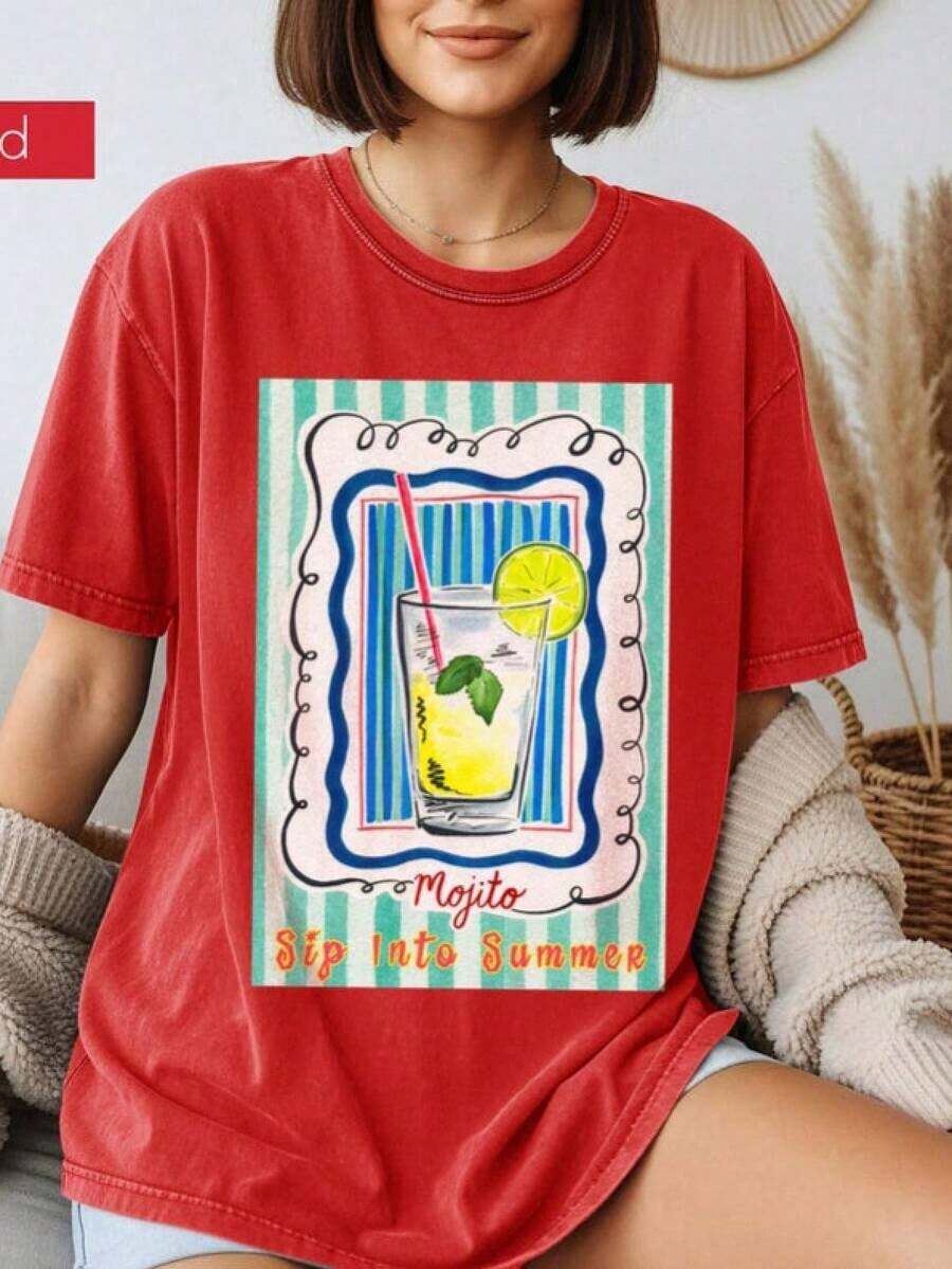 Ojito T-Shirt, Summer Graphic Tee, Retro Cocktail Tee, Unisex T-Shirt For Summer Drinks On Beach Vacation, Colorful And Bright T-Shirt For Women, Summer Choice, Urban Fashion, Casual Style. - 多色 3 - 查看 1