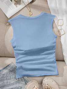 Camiseta ajustada con cuello cuadrado acolchado para mujer, primavera/verano - Celeste - Ver 7