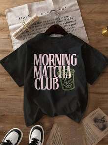Plus Size Women's Short-Sleeved Crew Neck T-Shirt With Minimalist Green Matcha Tea Drink Illustration Print, Suitable For Spring, Summer, Autumn, Valentine's Day/Back To School Season, Black - 黑色 - 查看 5