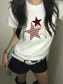 Summer Cheer From Japan! White On White Star Print Cotton T-Shirt, Women's Short Sleeve Crew Neck Cotton T-Shirt, Casual Japanese Feminine Style. - 白2 - 查看 1