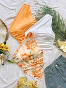 3 piezas Conjunto informal de verano de 2 piezas para mujer con parte superior de hombro asimétrico y bajo asimétrico, adecuado para volver al colegio, té de la tarde, casual, invitada a boda en la playa, brunch de graduación, Día de San Patricio, - Multicolor 8 - Ver 7