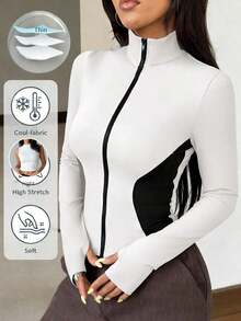 Chaqueta de manga larga de punto ajustada con protección solar para mujer en otoño/invierno, color albaricoque - Blanco y Negro - Ver 1