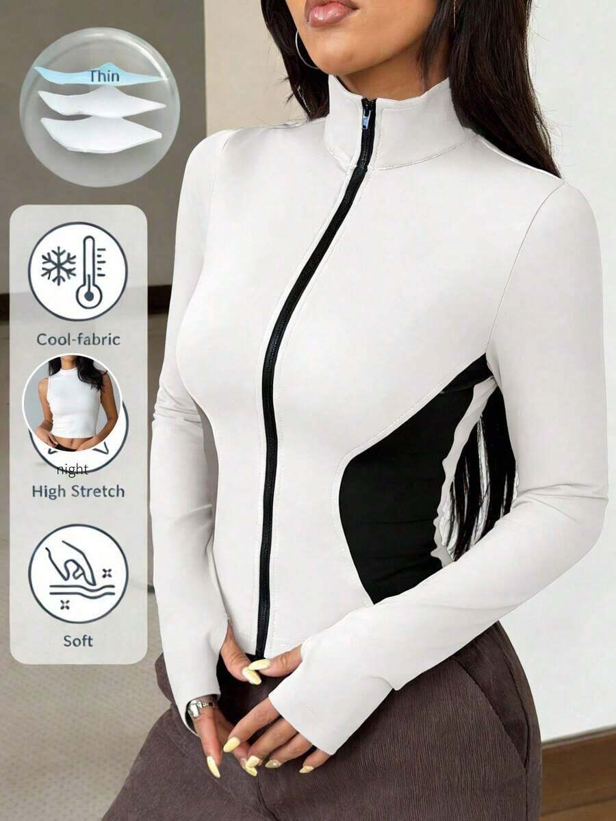 Chaqueta de manga larga de punto ajustada con protección solar para mujer en otoño/invierno, color albaricoque - Blanco y Negro - Ver 1