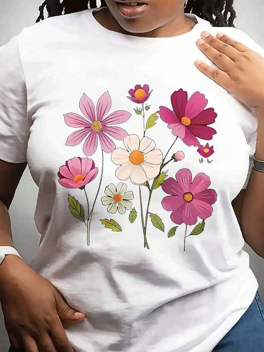 Women's Casual Fashion T-Shirt With Round Neck And Floral Print For Valentine's Day, Romantic And Fresh Style - Unisex Cotton T-Shirt With Loose Fit And Urban Vintage Style, Suitable For Spring, Summer And Autumn. - 白色 - 查看 1