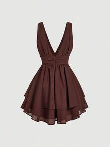 MOD Vestido corto sin mangas con cuello en V profundo, cintura fruncida y bordado floral de patchwork para mujer - Marrón - Ver 5