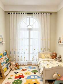1pc Rod Pocket Kids Curtain, Forest Cabin Design For Boys & Girls, Nursery Bedroom Balcony Sheer Drape - Multicolor - View 1