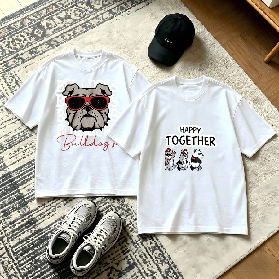 2-Piece Couple Matching Pattern T-Shirt, 100% Cotton, Loose Fit, Soft And Breathable, Casual Round Neck Short Sleeved Top Graffiti Art Design With Woman Portrait Versatile Patterns No Picky Combinations Coordinated Dating Casual Travel Simple And Cartoonish Printing Styles High Cost-Effectiveness - 白色 - 查看 1