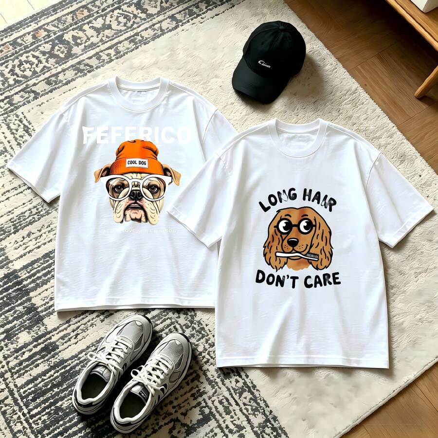 2-Piece Couple Matching Pattern T-Shirt, 100% Cotton, Loose Fit, Soft And Breathable, Casual Round Neck Short Sleeved Top Admit It Life Would Be Boring Without Me Dog Cat Print Versatile Patterns No Picky Combinations Coordinated Dating Casual Travel Simple And Cartoonish Printing Styles High - 白色 - 查看 1