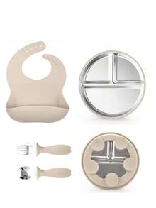 4pcs Baby Led Weaning Stainless Steel Tableware Set, Plates, Bowls, Stainless Steel Forks Spoons, Bibs, Customizable With Names And Patterns - Multicolor - View 17