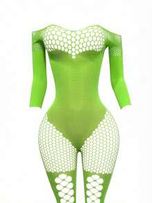 Lencería de bodystocking de malla con tirantes finos y sexy para mujer - Verde - Ver 4