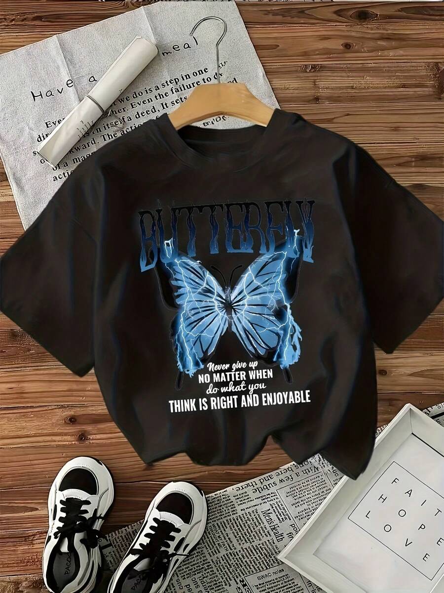 Camiseta de Mujer con Estampado de Mariposas - Casual, transpirable, lavable a máquina, blanca con diseño de mariposas azules, cómoda para todas las estaciones - Estilo Vintage Urbano Unisex, Camiseta de Manga Corta de Algodón Holgada con Cuello Redondo, blusas para mujer. blusas.blusas casuales para dama. - Negro 1 - Ver 1