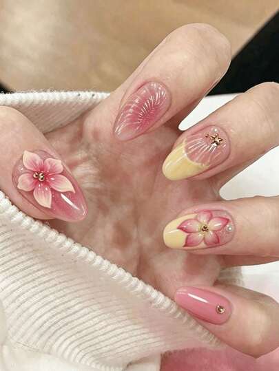 30pcs French Almond-Shaped Ocean Style 3D Stereo Starfish, French,Pink Flower, Seashell, Golden Pearl Decorated,Including 1pc Jelly Gel And 1pc Nail File,Suitable For Women/Girls' Daily Life,Beauty,Nail Art, Graduation Season,Holidays,Travel,Gift