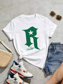 Women's Summer Casual Soft Round Neck Short Sleeve T-Shirt,The Star Letter R Print Graphic Is Suitable For Daily Wear In Spring And Summer.White - White - View 5