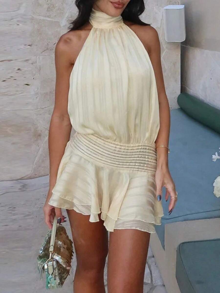 Vestido sin mangas con volantes encaje espalda descubierta elegante - Albaricoque - Ver 1