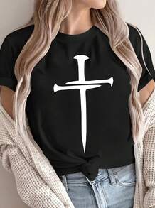 Women's Christian Faith T-Shirt With Cross Print - Loose And Relaxed Fit, Short Sleeve And Round Neck, Black With White Cross Design, Casual Church Wear, All Year Comfort, Christian Garment - 黑色 - 查看 1
