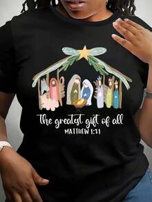 Plus Size T-Shirt For Women, Casual Style With Print, Fashionable Base Layer, Daily Wear, Personality, All Seasons, Comfortable Fit, Short Sleeve, Multiple Colors, Funny T-Shirt, Holiday Gift, Lettering, Christian Christmas Theme T-Shirt For Women Size - 黑色 - 查看 1