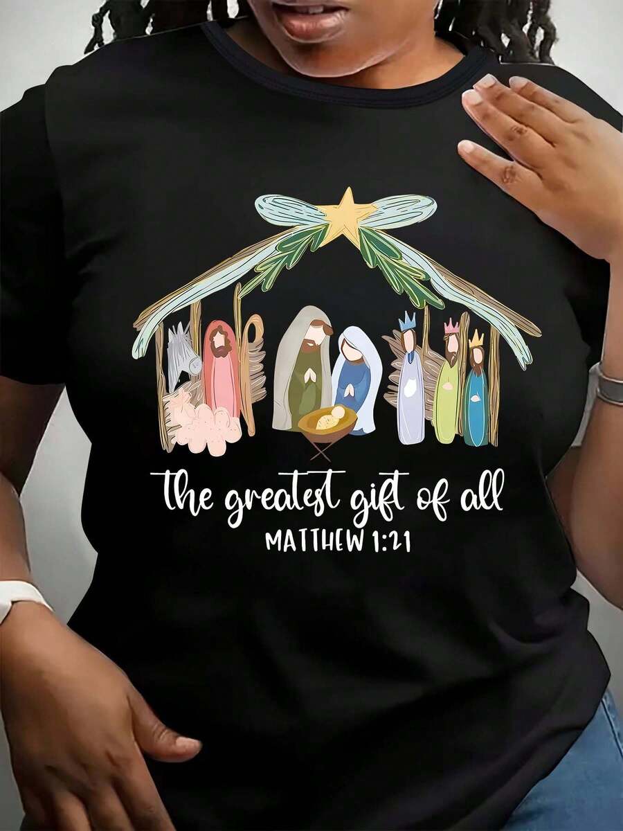 Plus Size T-Shirt For Women, Casual Style With Print, Fashionable Base Layer, Daily Wear, Personality, All Seasons, Comfortable Fit, Short Sleeve, Multiple Colors, Funny T-Shirt, Holiday Gift, Lettering, Christian Christmas Theme T-Shirt For Women Size - 黑色 - 查看 1