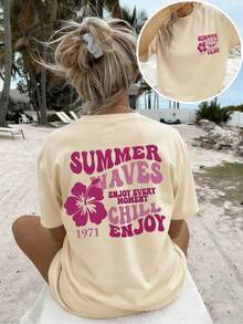 Graphic2026 Primavera/Verano Nuevo Estilo Camiseta Casual para Mujer con Estampado Floral Simple y Único, Estampado de Letras Sencillas, Camiseta de Cuello Redondo - Albaricoque - Ver 6