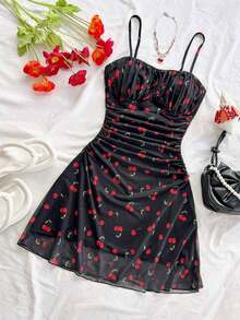 Vestido de tirantes de malla con estampado floral azul y blanco para vacaciones de verano de mujer - Negro - Ver 4