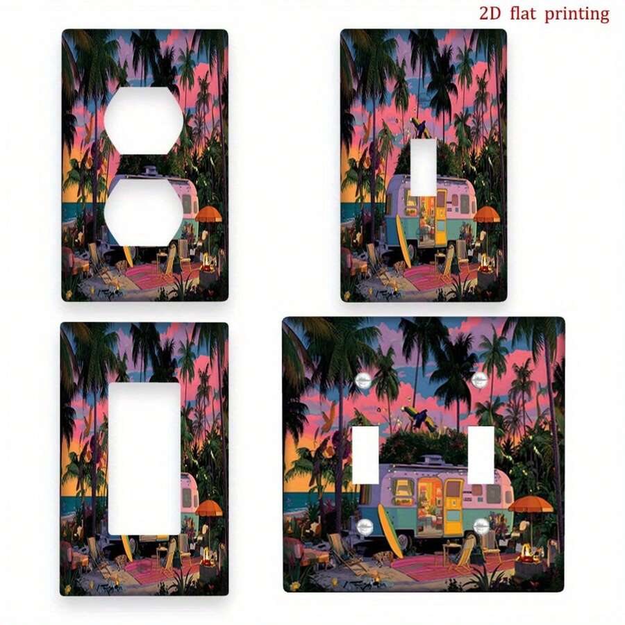 1pc Beach Camping Sunset Print Switch Panel Cover, Funny Home Decor Sticker For Bedroom, Kitchen, Wall - A - View 1
