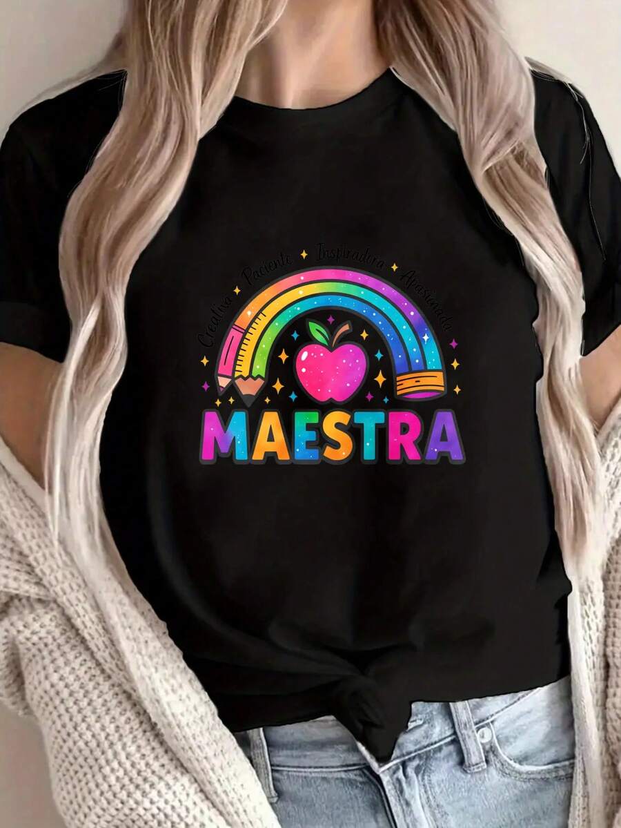 Women's Casual Graphic T-Shirt 'Teacher' - Colorful Rainbow And Apple Design, Short Sleeve Crew Neck, Soft Polyester Blend, Ideal For Spring/Summer, Women's T-Shirts - 黑色 - 查看 1