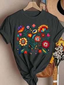 Free Shipping, Local Delivery In Mexico, Delivery In 4 Days. New Women's Fall/Winter Shirt, Short-Sleeved With A Round Neck, A Wardrobe Staple. With A Relaxed Fit And Modern Print, Made From High-Quality Cotton, It Offers Comfort And A Pleasant Feel For Everyday Wear. - 深灰色 - 查看 5