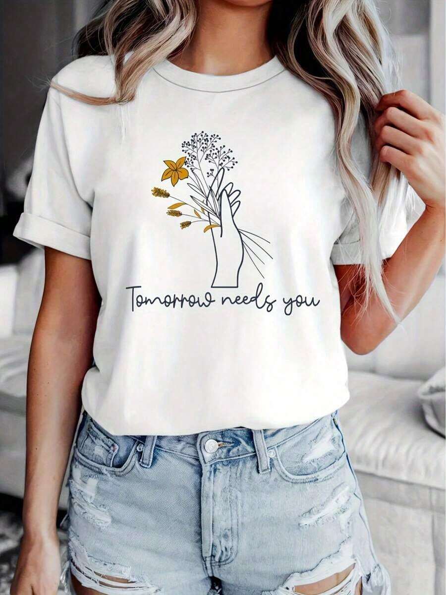 Women's Casual White Short-Sleeve T-Shirt With Inspirational "Tomorrow Needs You" And Wildflower Print, Crew Neck, Machine Washable, Comfortable For All Seasons, Spring And Summer Essential, Motivational T-Shirts For Women, Relaxed Fit T-Shirt, Soft Fabric, Designed For Everyday Wear, Breathable Material, Printed T-Shirt For Women - 白色 - 查看 1